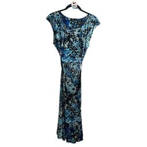 Connected Apparel Maxi Dress 12 Blue Floral Belted Cap Sleeve